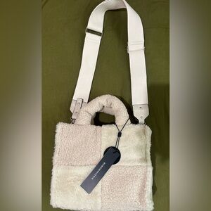 BCBG Cream and Tan Shearling Shoulder Bag